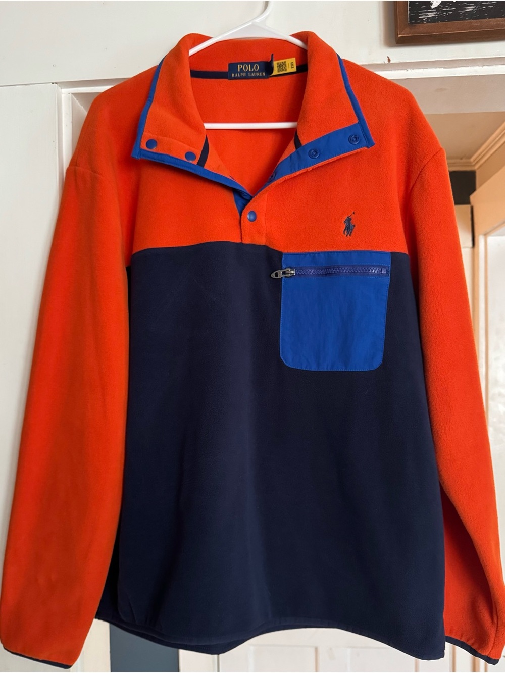 Ralph Lauren Orange and Navy Zip-Up Fleece Pullover